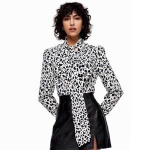 Topshop tie neck blouse in monochrome animal print